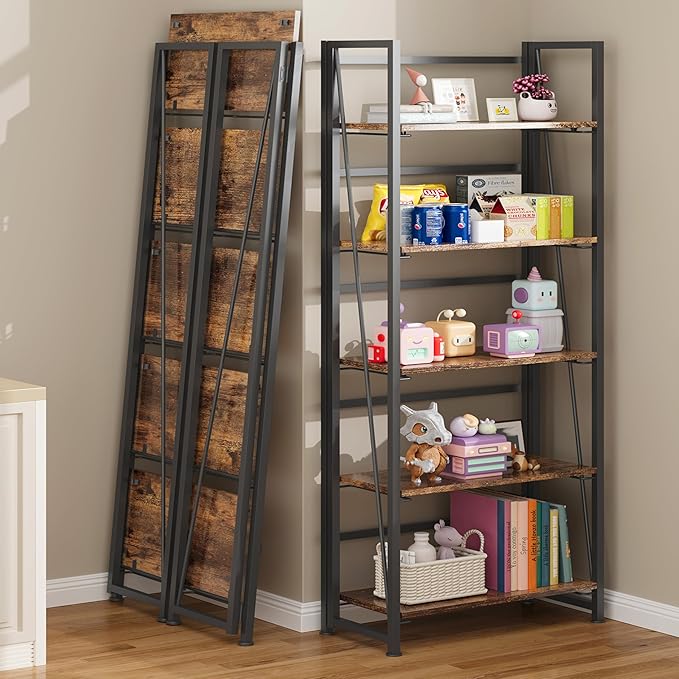 BHG Vintage Multifunctional Folding Bookshelf, No-Assembly Plant Stand Storage Rack Shelves for Home Office (Fire, 5-Tier)