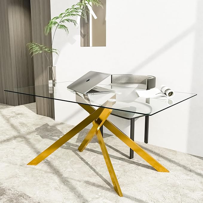 Rectangular Glass Dining Table, Tempered Glass Tabletop and Metal Legs, Modern Style Glass Kitchen Table for Home, Kitchen, Dining Room (Gold, 52'')