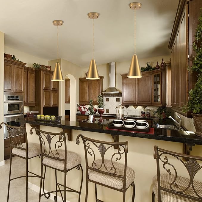 Gold Pendant Lights Kitchen Island,Dining Room Light Fixtures Over Table 3 Pack with Brushed Brass Cone Metal Shade, Modern Farmhouse Mini Chandeliers,Adjustable Cord Hanging Lighting for Bar,Sink