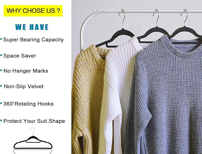 Premium Velvet Hangers, [50 Pack] Non Slip and Heavy Duty Velvet Suit Hangers (45cm) with Tie Bar, 360° Swivel Hooks, Sturdy to Hold Jumper, Pullovers, Jackets & Hoodies (50 Pack, Grey)