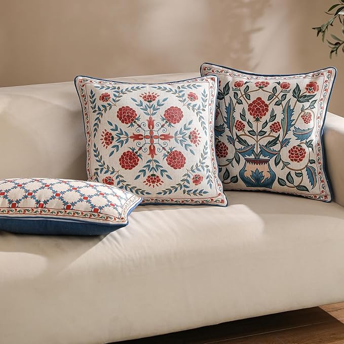 patdrea Designer Throw Pillow Covers Set of 2,Square Brilliant Vintage Red Tropical Linen with Floral Pattern Pillow Cover,Decorative Pillowcases Cushion for Bed Living Room Outdoor Car,18"x18"