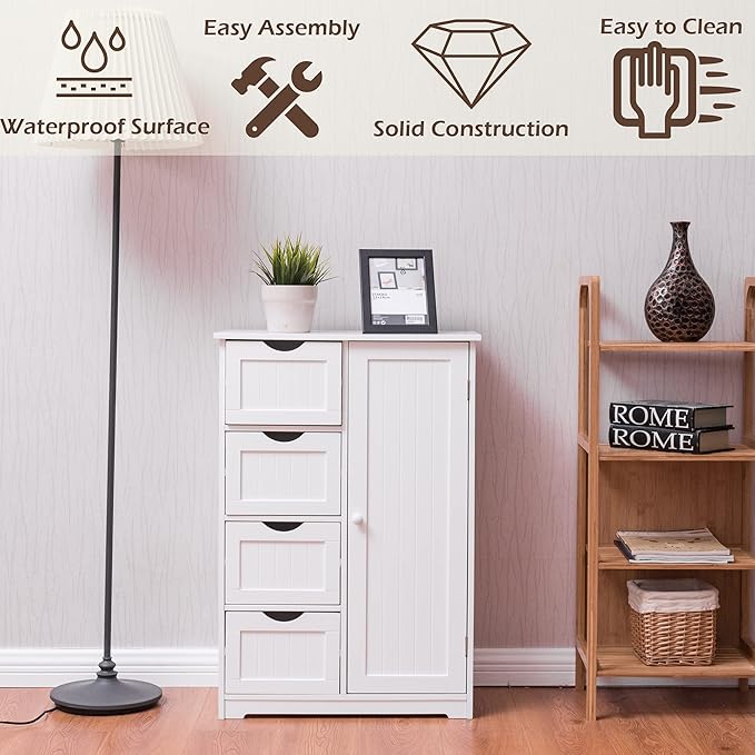 GLACER Bathroom Floor Cabinet, Multifunctional Storage Cabinet with 4 Drawers and 1 Door, Wooden Side Storage Organizer for Bathroom, Living Room or Kitchen, 22 x 12 x 32 inches (White)