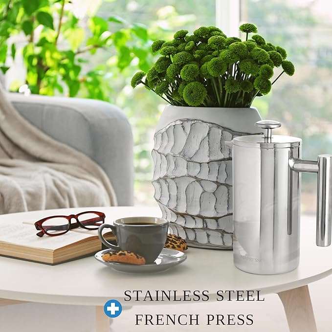 Mixpresso Stainless Steel French Press Coffee Maker 27 Oz 800 ml, Double Wall Insulated French Press Stainless Steel, Easy Clean Tea Brewer, Easy Press Durable Metal Coffee Press