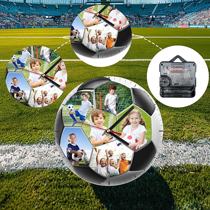 Custom Wall Clock, Personalized Clocks with Picture, Customized Silent Sports Ball Clock for Living Room Kids Bedroom, Creative Birthday Soccer Style