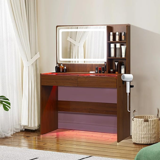 Vanity Desk,Transparent Desktop,Multiple Color Ambient Lights,with Mirror and Tri Color Light Strip,Dressing Table with Charging Station,Equipped with 2 Drawers,Peach Colored