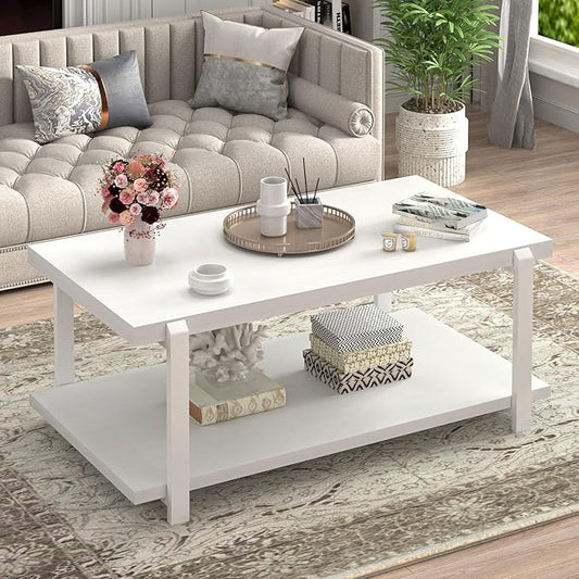 FOLUBAN White Coffee Table, Modern Rustic Wood and Metal Center Table with Storage Shelf, Rectangle Cocktail Tea Table for Living Room, 42 Inch