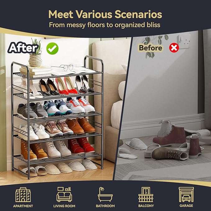 5-Tier 27” Wide Shoe Rack for Closet, Metal Stackable Shoe Shelf Organizer, Holds 18 Pairs Large Capacity, Black