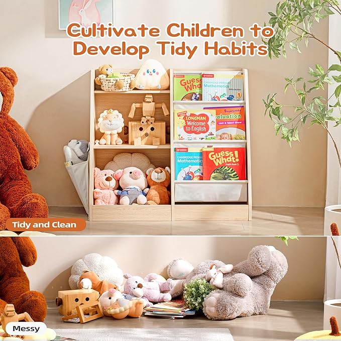 3 Tier Kids Wooden Bookshelf with Extra Pocket, Baby Toddler Bookshelf and Toy Storage Organizer with Three Layer Sling Bookcase for Kids Room Playroom Nursery Classroom