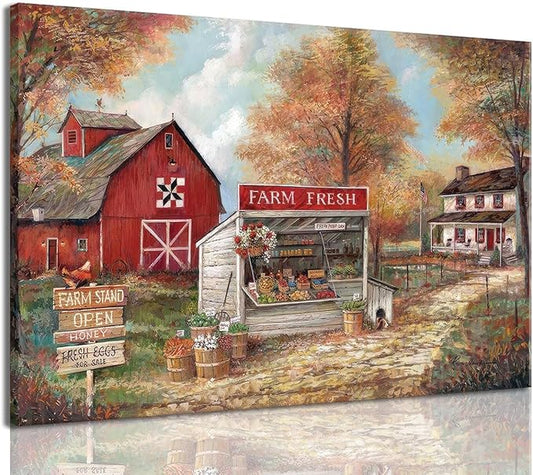 CYULWNNO Farmhouse Canvas Wall Art Farm Stand Landscape Painting Nature Rustic Scenery Canvas Prints Vintage Red House Wall Decor Framed for Living Room Bedroom