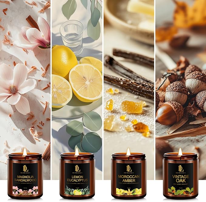 Scented Candle Set, 4 Pack Soy Candles for Home Scented, 200 Hour Burn Time, Candle Gifts for Women Men, Scents of Lemon Eucalyptus/Moroccan Amber/Magnolia & Sandalwood/Vintage Oak