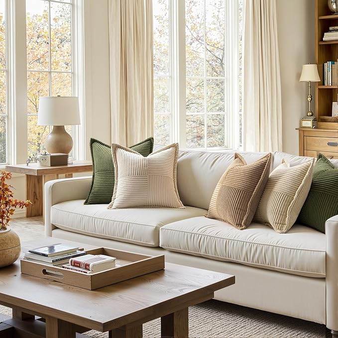 MIULEE Decorative Lumbar Throw Pillow Covers for Couch Bed Livingroom 14x24 Inch Set of 2 Beige Boho Accent Throw Pllows Broadside Striped Patchwork Soft Corduroy Pillowcases