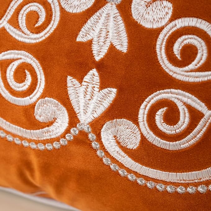 Aeckself European Luxury Velvet Lumbar Throw Pillow Cover 12 x 20 Inch, Embroidery Floral Pillow Cover Home Decor Oblong Pillowcase for Couch Bedroom Living Room, Burnt Orange and White