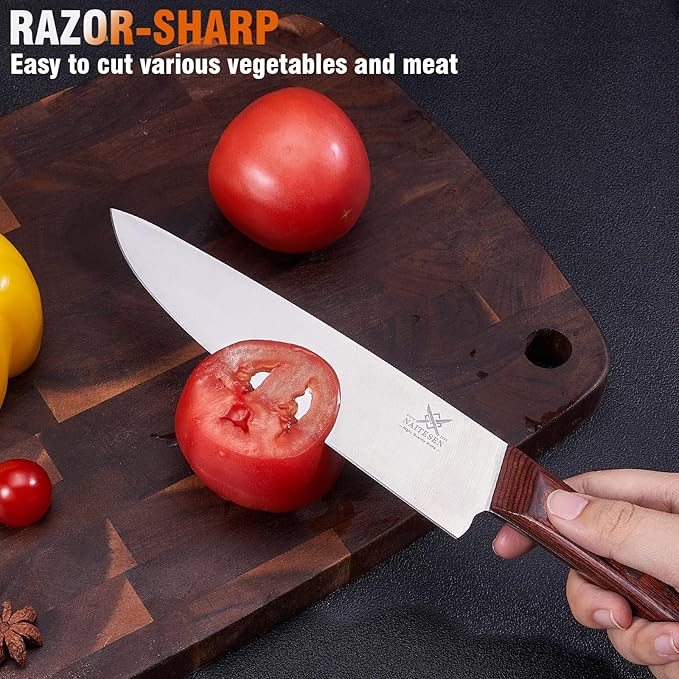 5PCS Professional Kitchen Chef Knife Set with Blade Guards, Wood Handle High Carbon Steel, Sharp for Meat Cutting Home Cooking Gifts for Men Women
