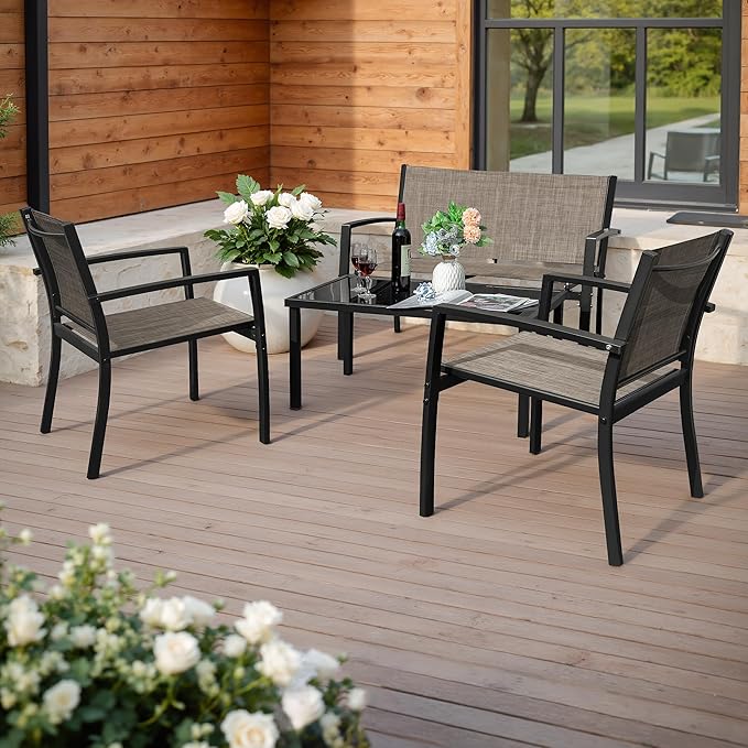 Greesum 4 Pieces Outdoor Furniture Set All Weather Patio Conversation Set with Porch Loveseat, Garden Bistro Chairs with Glass Coffee Table for Garden Backyard Poolside Textile Modern, Brown