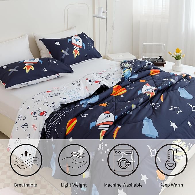 RYNGHIPY Kids Comforter Set, Full Size, Cute Space Rocket Bedding Set for Boys & Girls, Space Themed Teen Boy Bedding