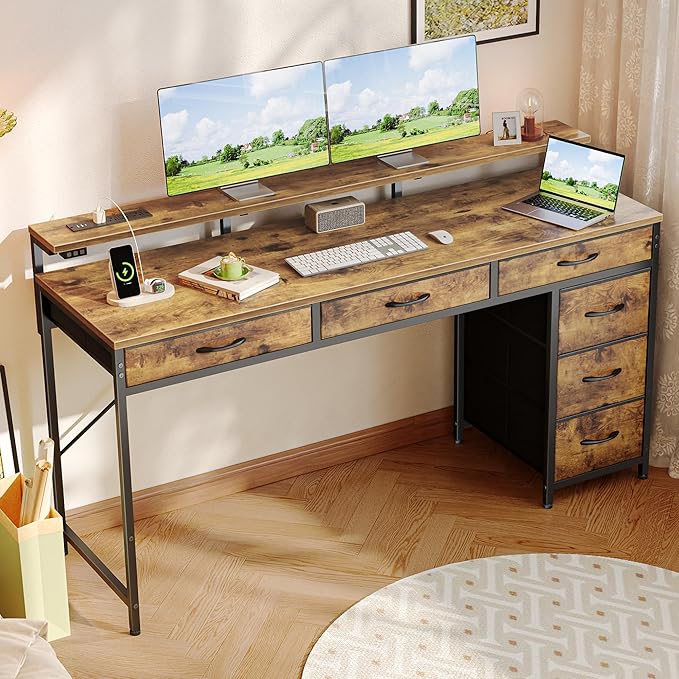 Huuger Gaming Desk with 6 Drawers, Computer Desk with LED Lights Power Outlets and Type-C, 55 Inch Office Desk with Storage, Monitor Stand, Writing Desk Work Desk for Home Office, Study, Rustic Brown