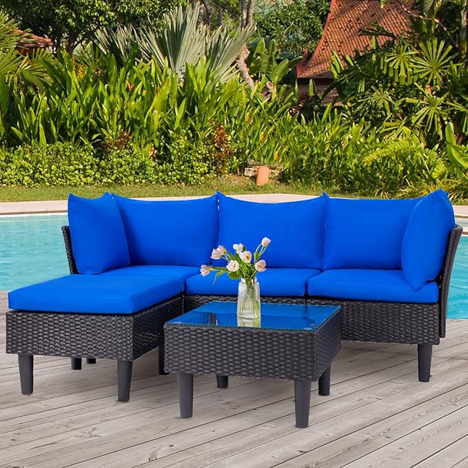 FDW 5 Pieces Patio Furniture Sets Outdoor Sectional Sofa Wicker Chair Rattan Conversation Set for Outdoor Backyard Porch Poolside Balcony Garden Furniture with Coffee Table,Blue Cushion