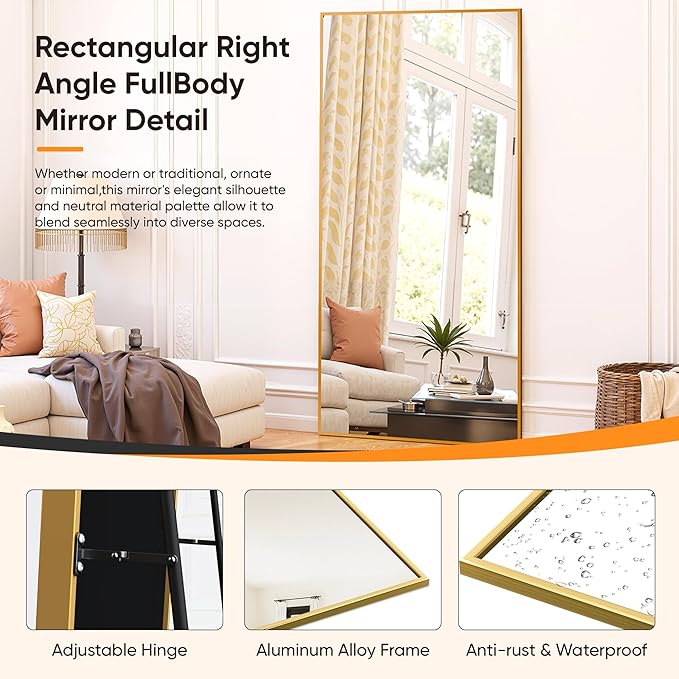 Suidia Full Length Mirror, 58"x21" Floor Standing Mirror Freestanding, Full Body Mirrors with Stand for Bedroom, Hanging Mounted for Living Room Cloakroom, Gold, Rectangular Style