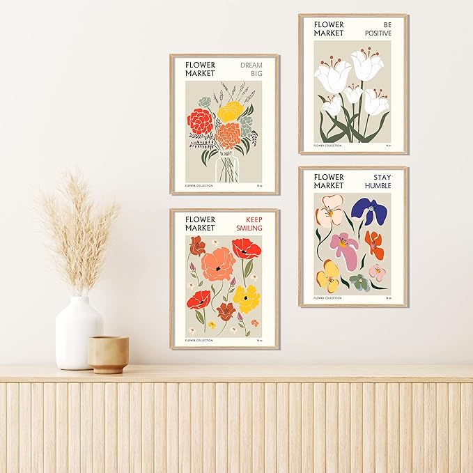 Flower Market Wall Art Prints Botanical Aesthetic Decor Minimalist Poster Inspirational Theme Flower Line Photo Vintage Abstract Pictures Canvas Wall Art Colorful Floral Wall Decor for room (11x14