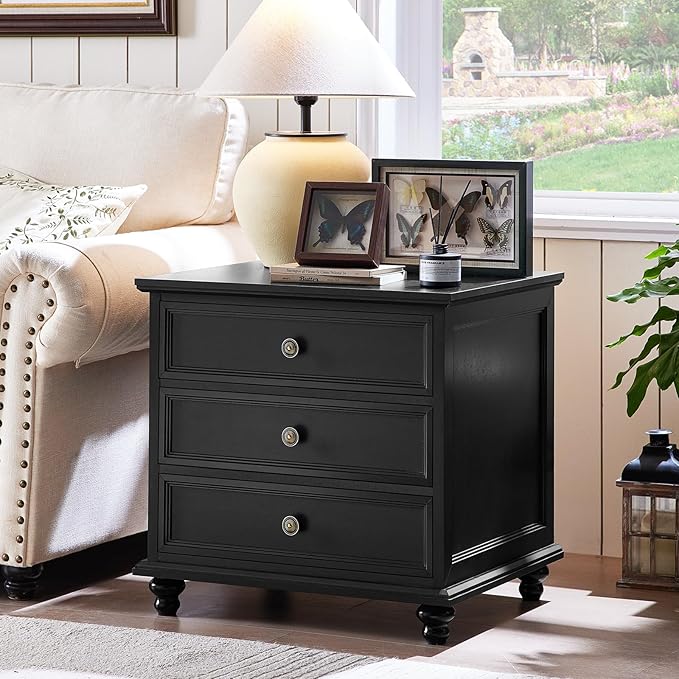 24" Wide Farmhouse Night Stand Set of 2,Large End Table with 3 Drawers & Metal Handle,Black Wood Dresser for Bedroom,Bed Side Table Chest of Drawers Cabinet,Nightstand for Living Room,Closet