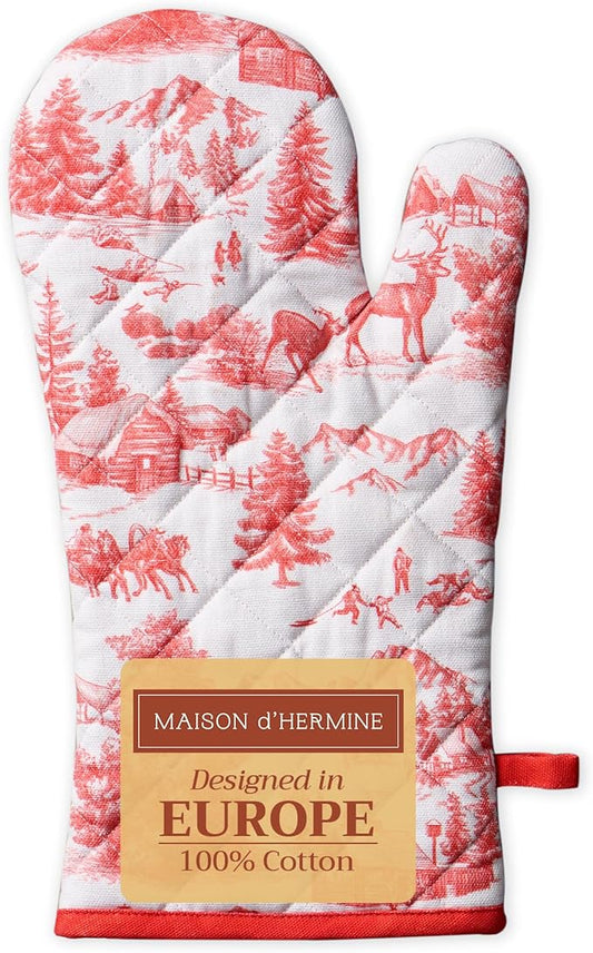 Maison d' Hermine Oven Gloves 100% Cotton Oven Mitt 7" x 13" with Loop Heat Resistant BBQ Cooking Gloves for Thanksgiving Christmas Decorations Baking Handling Hot Pans (Pack of 1, Winter Jouy)