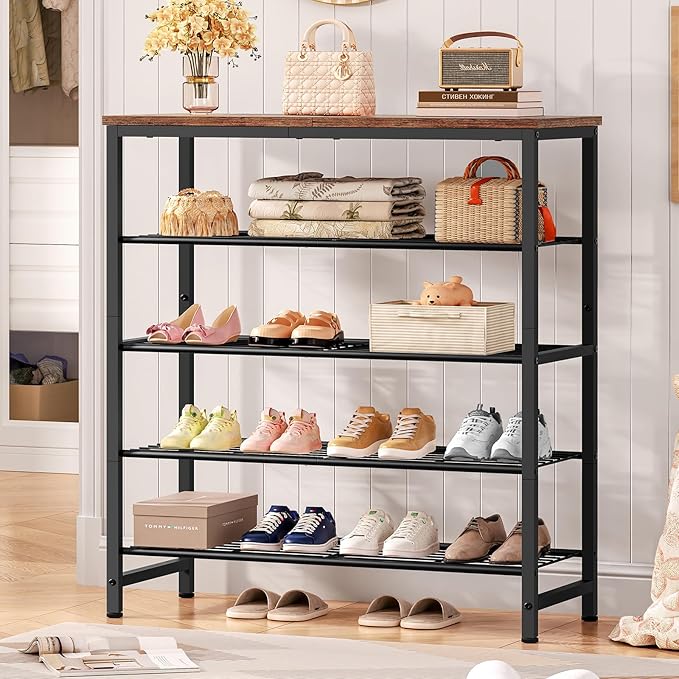 usikey 5-Tier Shoe Rack, Industrial Shoe Storage Organizer for 12-16 Pairs of Shoes, Metal Shoe Shelf with Wooden Top, Shoe Stand with 3 Metal Shelves for Entryway, Hallway, Closet, Rustic Brown