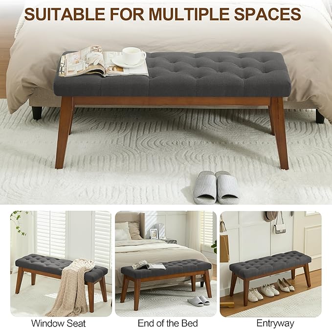 43.5'' Linen Bedroom Bench, Upholstered End of Bed Bench with Tufted Button, Padded Vintage Dining Bench, Entryway Bench with Solid Wood Legs, Kitchen, Living Room, Hallway, Dark Grey Tufted