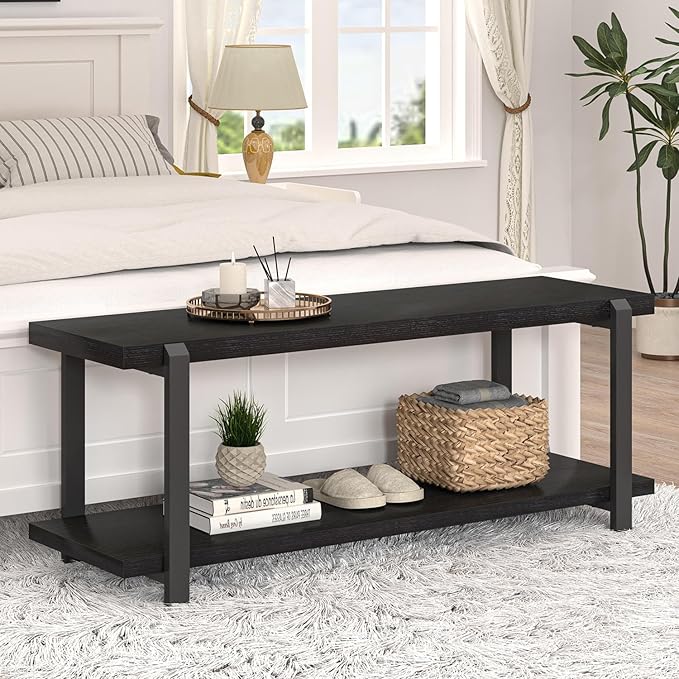 EXCEFUR Entryway Bench, Modern Wood and Metal Storage Bench for Hallway, Industrial Indoor Shoe Rack Bench Seat for Living Room Bedroom, Black Oak 47 Inch Long