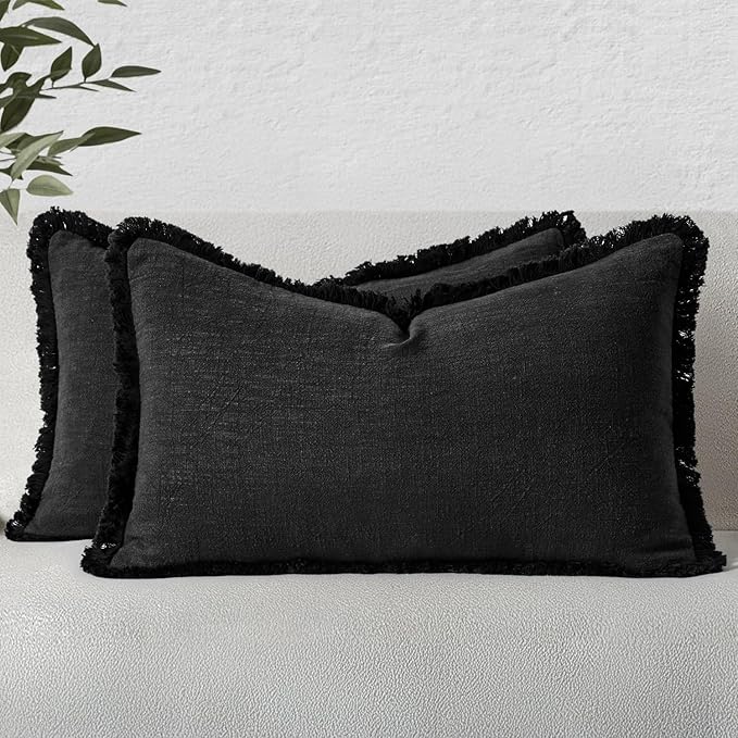 MIULEE Decorative Lumbar Throw Pillow Covers Neutral Linen Fringe Throw Pillows Set of 2 Black Boho Farmhouse Cushion Covers with Tassels for Couch Sofa Bed Living Room Spring Home Decor 12x20 Inch
