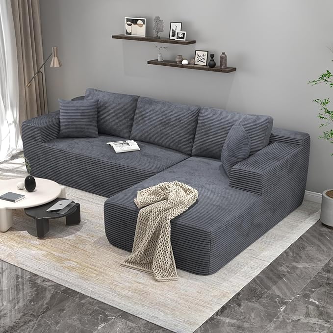 OC Orange-Casual 106.3" Cloud Sectional Couch with L-Shape Chaise,No Assembly Required Modular Sofa,Upholstered Boneless Couches for Living Room, Plush Corduroy Fabric (Grey, Right Facing Chaise)
