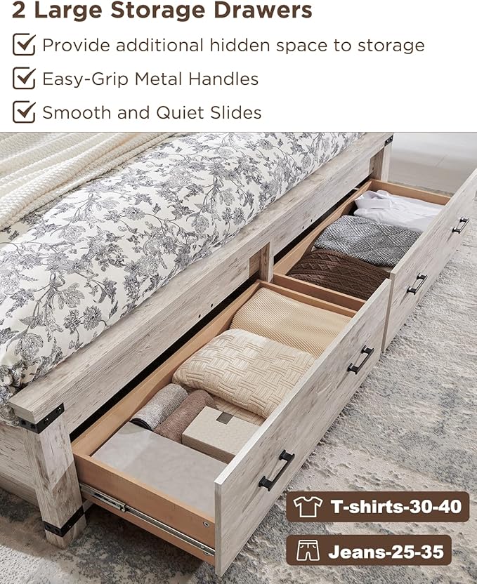 T4TREAM Farmhouse Queen Size Bed Frame with 54" Tall Geometric Headboard & 2 Large Storage Drawers, Rustic Wood Platform Bed with Wood Slats Support, No Box Spring Needed, Antique Brushed White