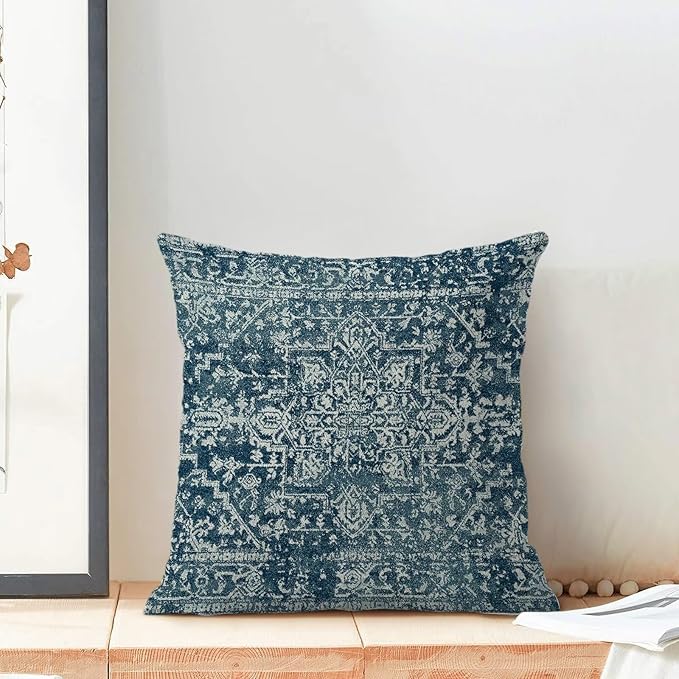 Boho Blue Throw Pillow Covers 18x18 Set of 2, Carpet Pattern Navy Blue Decorative Throw Pillow Covers Bohemia Linen Outdoor Cushion Cover for Sofa Couch Farmhouse Room Bed