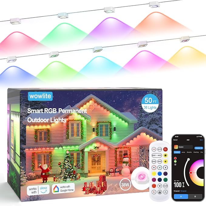 wowlite Permanent Outdoor Lights 50FT, RGBIC Smart Eave Lights with 36 LEDs, IP67 Waterproof, 110+ Scene Modes for House, Daily & Holiday Decorations, Christmas, Compatible with Alexa & Google