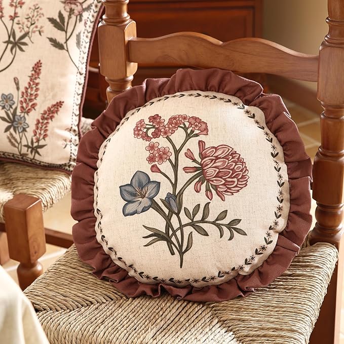 Design Linen Vintage Throw Pillow Covers Diameter 16", Round Cushion Covers with Blue Pink Flowers Green Leaves Pattern Decoration Pillowcases for Bed,Living Room,Outdoor,Car