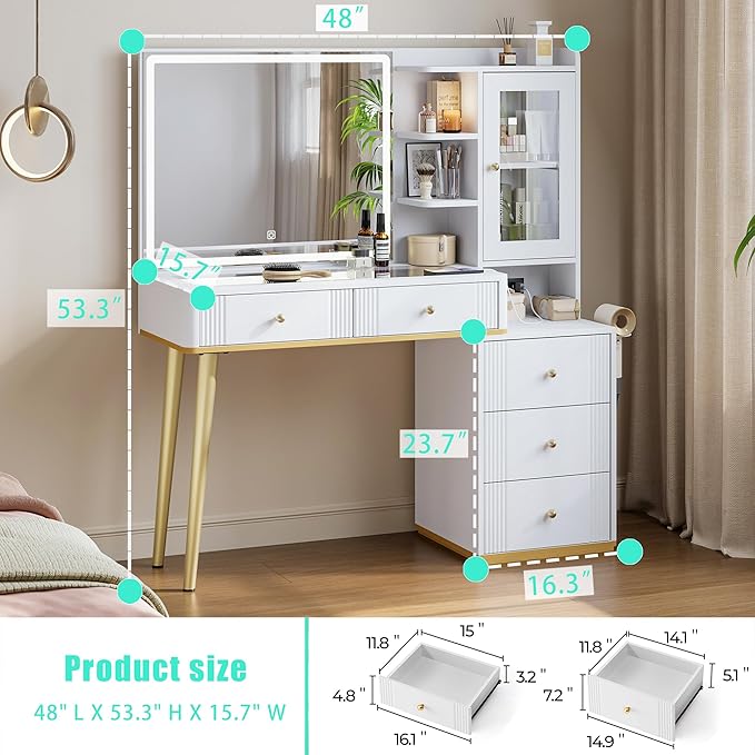LINSY Vanity with Glass Top, White Makeup Vanity with Mirror and Lights, Large Vanity Desk with Storage, Drawers, Cabinet and Outlet, Modern Fluted Vanity Table for Bedroom, Women, Girls