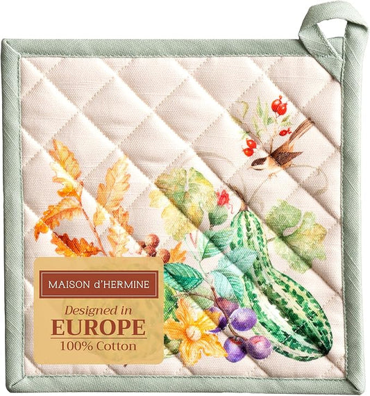 Maison d' Hermine Pot Holders 100% Cotton Heat Resistant Potholders 8" x 8" Hot Pads with Loop for Thanksgiving Christmas Decorations BBQ Cooking Baking Handling Hot Pans (Pack of 1, Lumina)