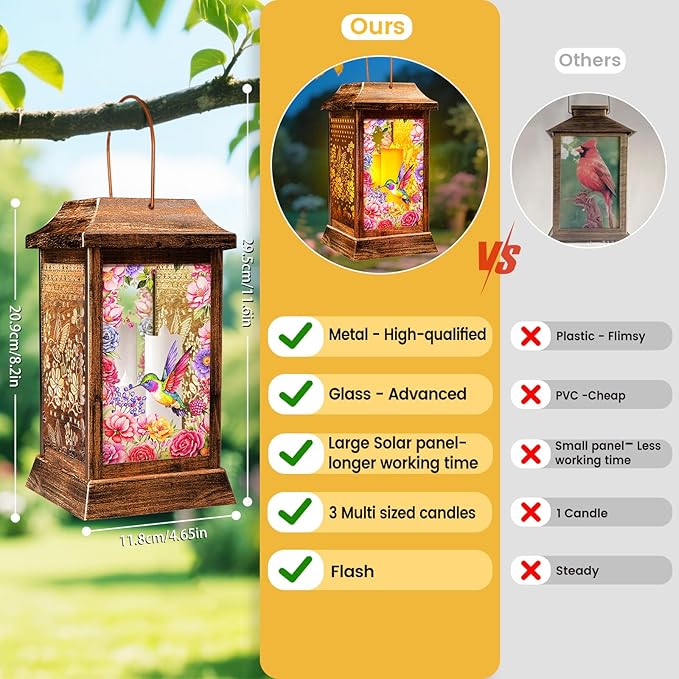 Hummingbird Solar Lanterns Outdoor Waterproof, Metal & Glass Hanging Lights Garden Decor, Birthday Gifts for Women Mom Grandma Mothers Day, Decorative Lights for Outside Yard Patio Backyard Porch