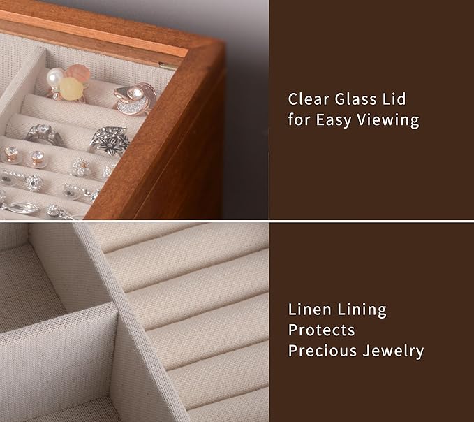 Jewelry Box with Glass Lid, 2 Layer Jewelry Organizer for Women, Solid Wooden Jewelry Box Display for Ring Earrings Necklace Bracelet, Pine Wood Jewelry Boxes Vintage Style for Gifts