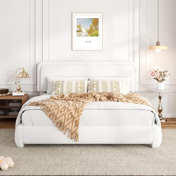 Queen Bed Frame with Headboard Adjustable, Boucle Upholstered Platform Bed Frame Queen Size, Anti-Collision Soft Rounded Corners, No Box Spring Needed, Noise-Free, Easy Assembly, White