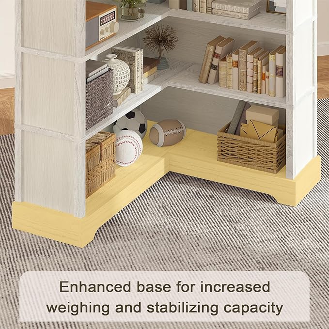 TVU Wood Corner Book Shelf, 5 Tier 65 Inch Tall Bookshelf with Storage, Floor Standing Display Book Shelf for Living Room, Kitchen, Home Office, Antique White