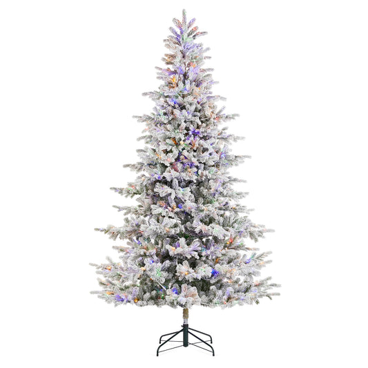 Glitzhome 9ft Pre-Lit Artificial Christmas Tree Heavy Snow Flocked Full Christmas Fir Tree with Realistic PE/PVC Frosted Needles 650 UL Colorful Lights for Xmas Decoration