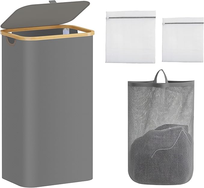 100L Laundry Hamper with Lid,Collapsible Laundry Basket, Dirty Clothes Basket, Storage Case with Bamboo Support - Handles - Removable Inner Bag - 2x Washing Mesh Bags for Bedroom Dorm Bathroom (Gray)