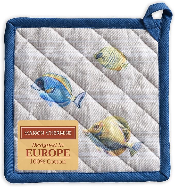 Maison d' Hermine Pot Holders 100% Cotton Heat Resistant Potholders 8" x 8" Hot Pads with Loop BBQ, Cooking, Baking, Grilling, Kitchen, Handling Hot Pans Spring/Summer (Pack of 1, Poisson)