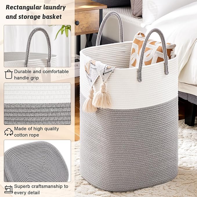 Laundry Basket,Woven Cotton Rope Laundry Hamper,Versatile Storage for Dirty Clothes,Baby Toys,and Blankets in Bathroom, Nursery,and Living Room (Grey, 80L)