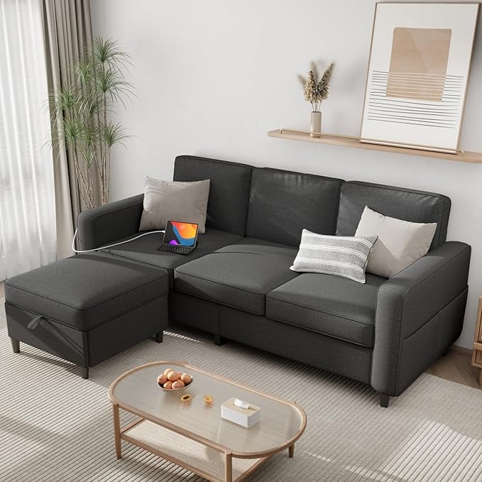 Sectional Couches for Living Room - Deep Seater Couch Living Room-Comfy L Shape Modular Sofa,with Storage Chaise-Washable Covers-Suitable for Living Rooms,Apartments,Rooms and Offices-Dark Gray,USB