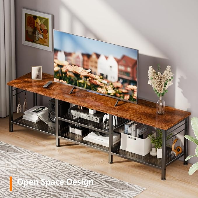 Furologee TV Stand for TVs up to 70 Inch, 63 Inch Entertainment Center with Open Storage Shelves, Television Stands with Soundbar Shelf for Living Room, Bedroom, Rustic Brown