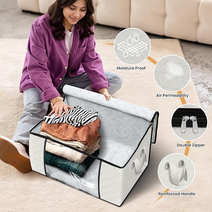 Fab totes 10 Pack Clothes Storage, Foldable Thick Fabric Blanket Storage Bags, Containers for Organizing Bedroom, Closet, Clothing, Comforter,Organization with Handle,Ivory White