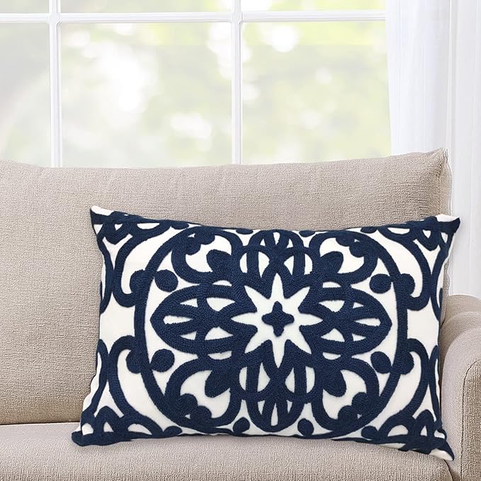 Alysheer Embroidered Lumbar Decorative Throw Pillow Cover 12"x 20", Classic Boho Mandala Embroidery Pattern Cotton Rectangular Cushion Case for Sofa Couch Living Room Bedroom(Navy Blue)