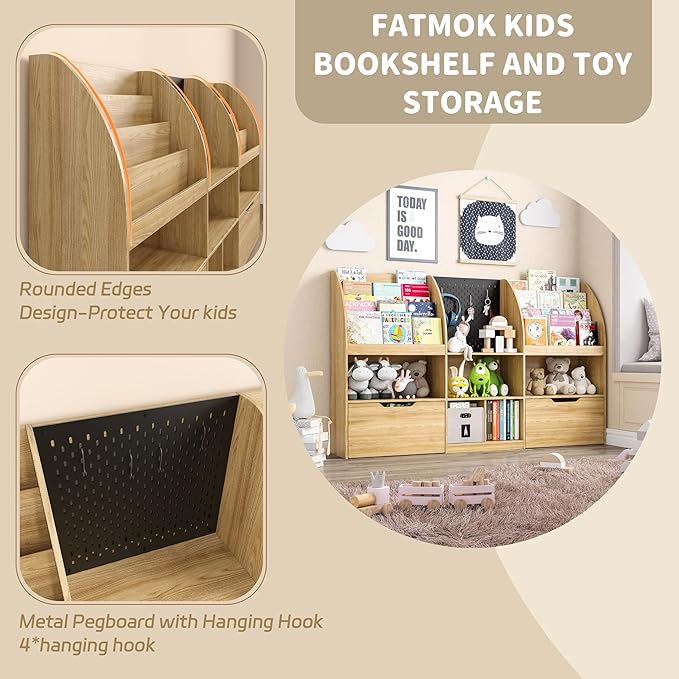 Toy Storage Organizer, Kids Book Shelf and Toy Organizer, 67" Toy Organizers and Storage with Movable Drawers, Playroom Organization and Kids Reading Nook with 5 Storage Cubbies, Natral Wood
