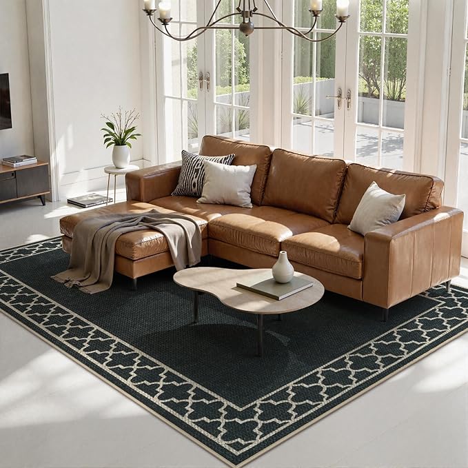 OJIA Easy Jute Outdoor Area Rug 8x10, Large Patio Rug Washable Living Room Rug Farmhouse Indoor Outdoor Carpet Bordered Modern Non-Slip Black Rugs for Bedroom Backyard Deck Decor